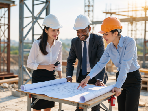 定制化生态修复方案咨询现场，技术人员讨论图纸，户外工程背景